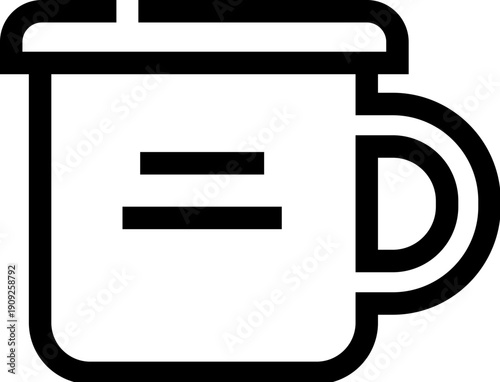 Coffee mug outline icon with handle and two horizontal lines, simple linear vector symbol for beverages, kitchenware, cafe and app interfaces, modern minimal contour design