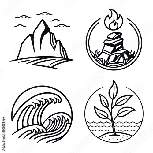 Minimalist Nature Elements Collection Featuring Mountain Peak, Campfire Cairn, Ocean Wave and Growing Plant Line Art Vector Set