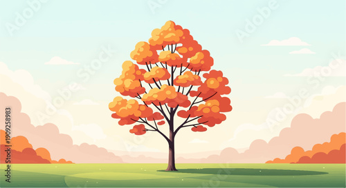 A lone tree with vibrant orange foliage stands in a green field under a sky with clouds