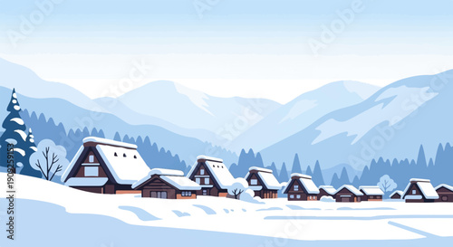 A serene winter village nestled against a backdrop of snow-covered mountains