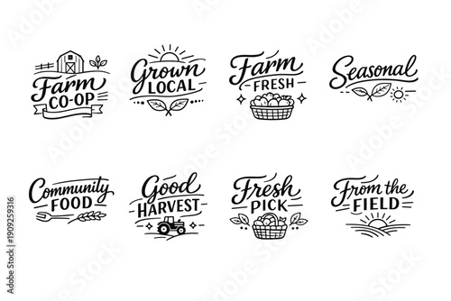 Farm co-op and fresh produce badges featuring hand-drawn typography and farm imagery