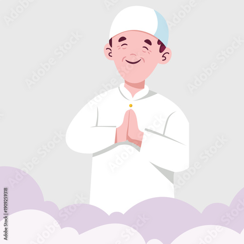 Smiling Muslim Man Character in White Traditional Outfit Giving Greeting Pose for Eid Mubarak Celebration