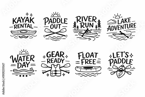 Kayak and paddle adventure icons and labels set for outdoor water activities