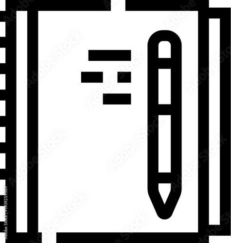 Open spiral notepad with a writing instrument symbolizing education, personal journaling, creative idea generation, and office productivity in a simple outline style