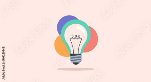 A lit idea bulb with colorful circles on a soft pink background