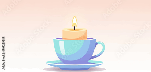 A lit candle sits inside a light blue teacup on a matching saucer