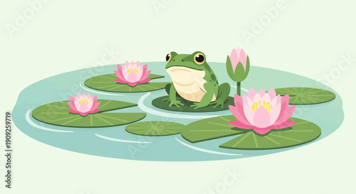 A green frog rests on lily pads surrounded by pink water lilies