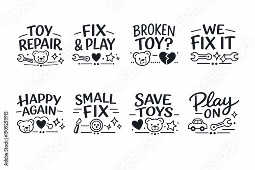 Toy repair and fix icons: teddy bears, tools, and playful symbols