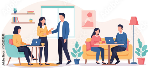 A group of people collaborating and working on laptops in a modern office