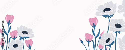Floral Background with Copy Space and Anemone and Pink Roses Flowers