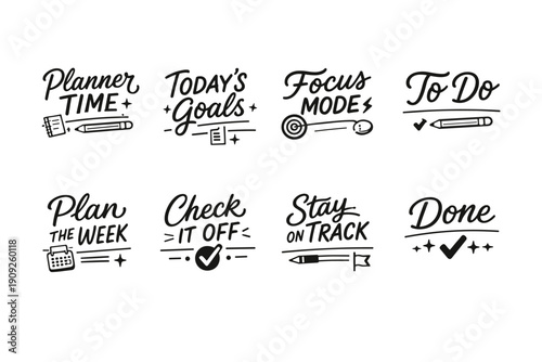Motivational planner stickers: goals, to-do, focus, check off, done