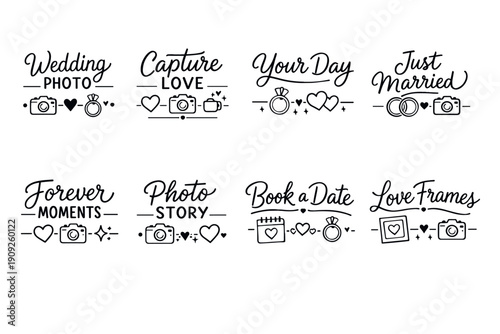 Wedding and love icons: rings, hearts, cameras and calendars for special moments