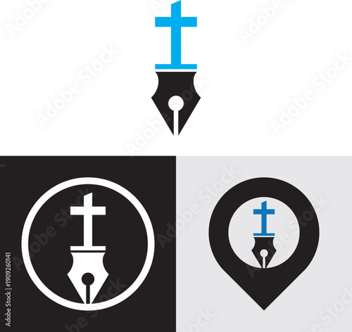 Faith Education Logo with Cross and Pen Symbol.