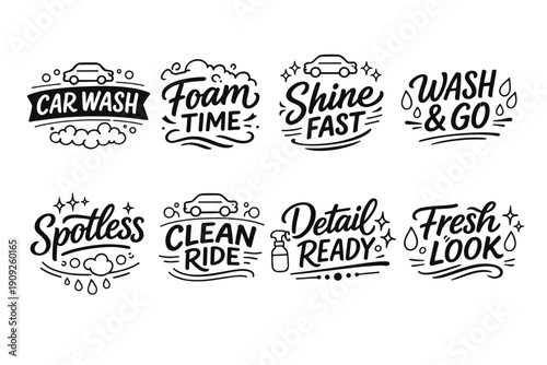 Car wash emblems: foam, shine, spotless, fresh look icons