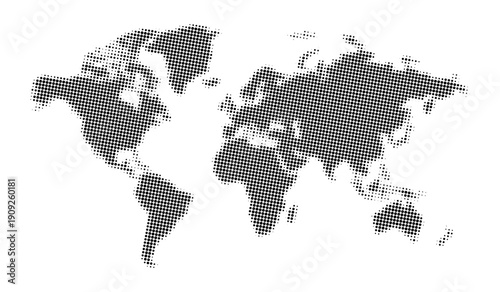 Stylized black halftone world map illustration on a clean white background, perfect for global business and technology designs.