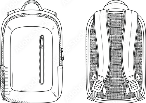 Backpack technical flat sketch with front and back view, detailed outline illustration for travel, school or outdoor bag design and product development