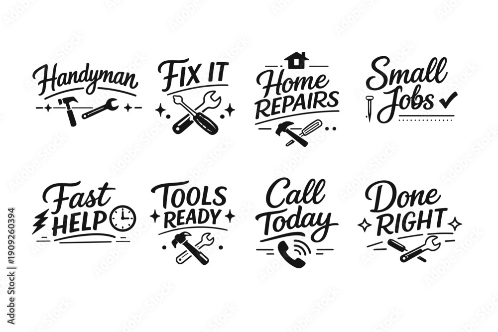 Obraz premium Handyman service icons: tools, repairs, jobs, and assistance