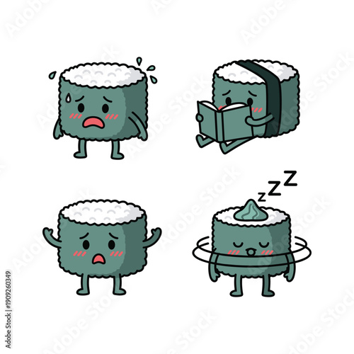 Cute cartoon sushi characters with different emotions and actions