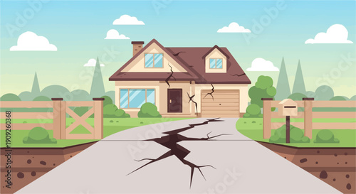 A house and driveway are cracked, showing damage from an event