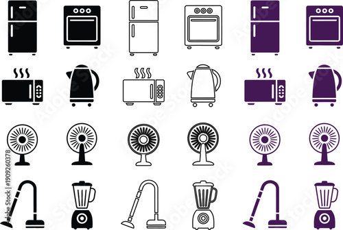 Collection of modern kitchen appliance in black and purple