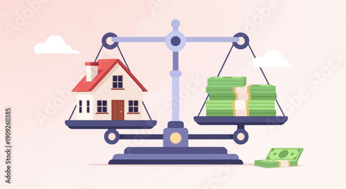 A house and stacks of money weigh on a balance scale against a light pink background