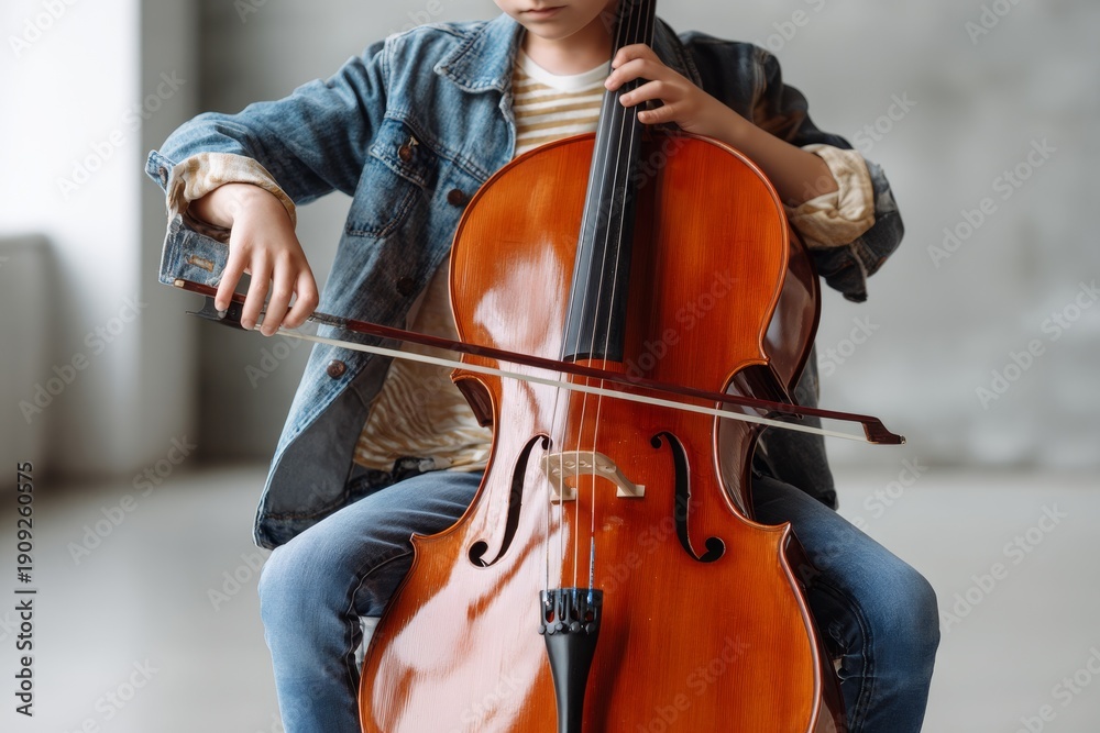 Fototapeta premium Young child in a denim jacket practicing the cello in a bright minimal studio sitting on a chair and holding a bow for a music lesson or classical performance