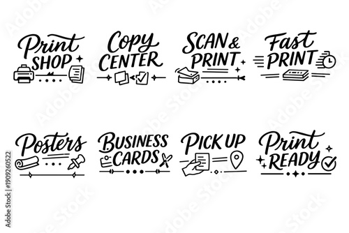 Print services icons: print shop, copy center, scan & print, fast print, posters, business cards, pick up, print ready