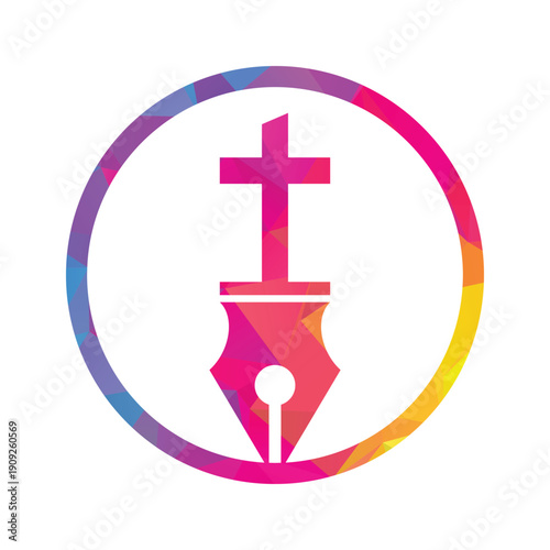 Faith Education Logo with Cross and Pen Symbol.