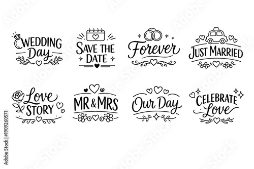 Elegant wedding and romantic celebration phrases with decorative icons