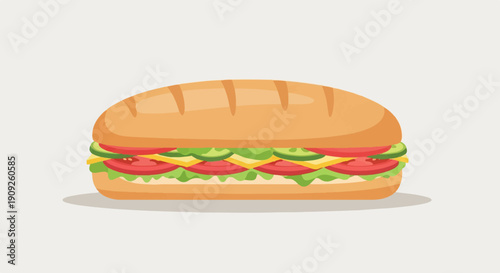 A long sandwich with fresh lettuce, tomatoes, cucumber, and cheese