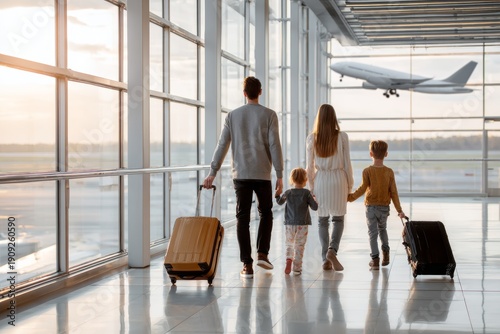Back view of a family with two children walking through a bright airport terminal pulling suitcases and holding hands while a plane takes off through the window during sunset