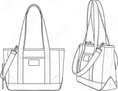 Modern tote handbag technical flat sketch showing front perspective and angled side view with shoulder strap and structured base