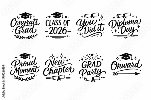Graduation celebration typography: class of 2026, congrats, diploma day messages
