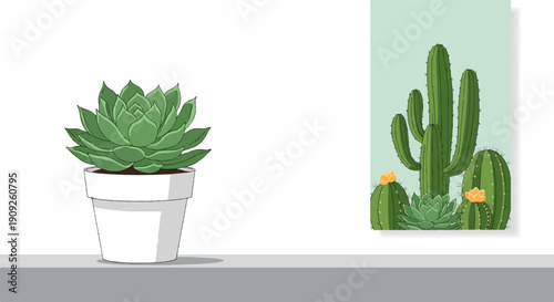 A potted succulent stands beside a framed illustration of desert flora