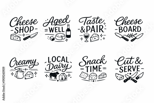 Cheese collection: shop, aged, pairing, board, dairy, snack, serve icons