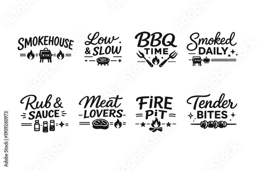 Bbq themes: smokehouse, low slow, bbq time, smoked daily, rub sauce, meat lovers, fire pit, tender bites