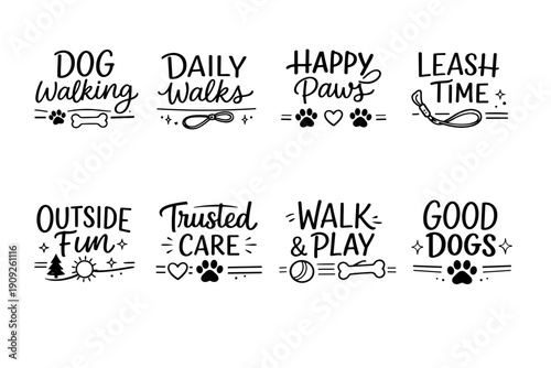 Dog walking labels: happy paws, leash time, trust care, good dogs