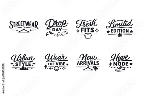 Trendy urban streetwear logos collection with fashionable typography elements