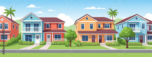 A row of colorful suburban houses with palm trees under a blue sky