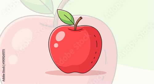 A simple, cartoon-style illustration of a bright red apple with a single green leaf