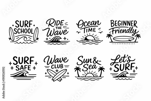 Surf school and wave adventure icons for ocean enthusiasts