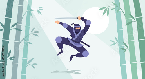 A ninja in mid-air attack, surrounded by a bamboo forest
