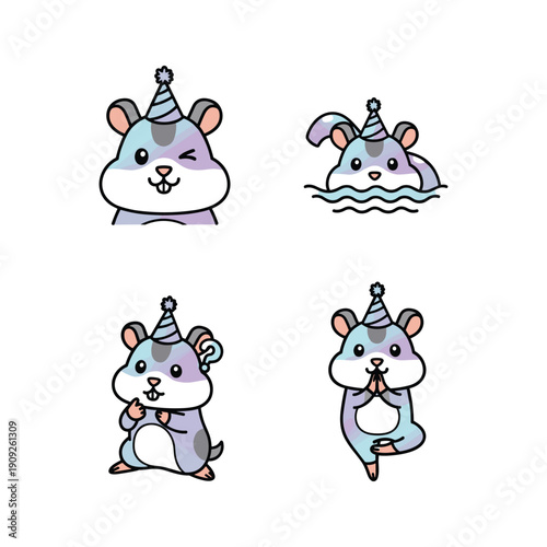 Cute cartoon hamsters celebrating birthday in different poses with party hats