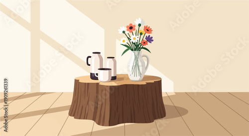 A rustic log holds a pitcher of wildflowers and two vessels