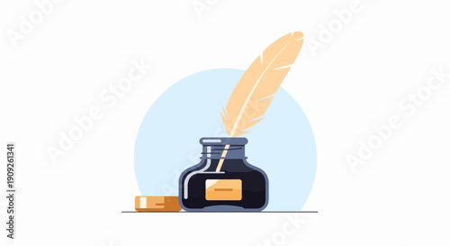 A quill pen rests in a dark inkwell, with its cap beside it