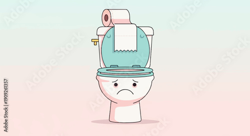 A sad toilet with toilet paper sits on a pink and blue gradient background