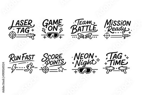 Laser tag icons: game on, team battle, mission, neon night, tag time