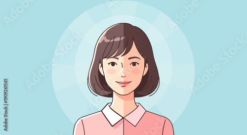 A simple, flat illustration of a woman with brown hair and a pink collared shirt