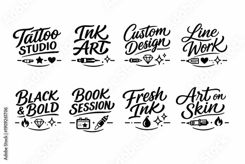 Tattoo studio signs and designs with ink art elements