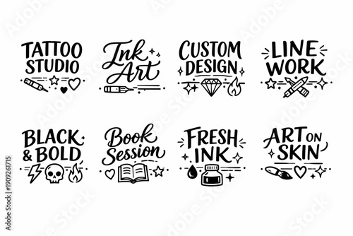 Tattoo studio icons: ink art, custom design, line work, black and bold